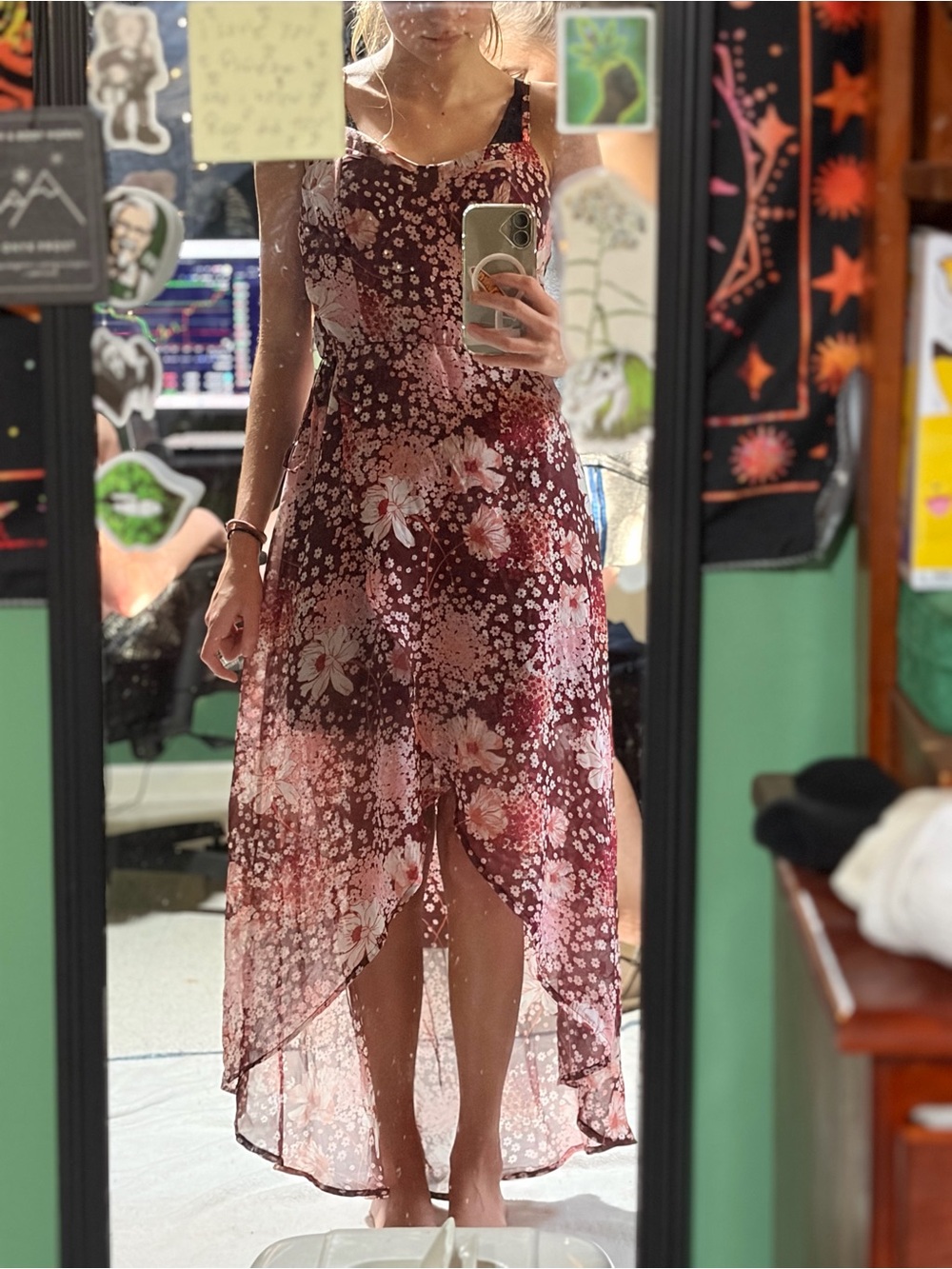 Lily Rose Burgundy and Pink Floral High-Low Maxi Dress